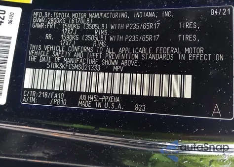 2021 Toyota Sienna Le from USA, damaged, VIN 5TDKSKFC5MS021333